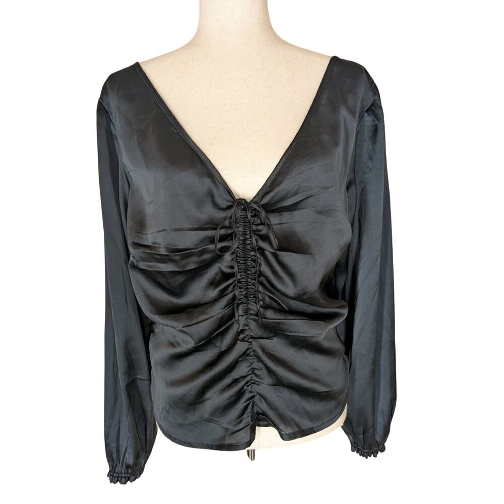 Abercrombie & Fitch Satin Ruched Top Womens Large Black Tie Front Stretch Blouse